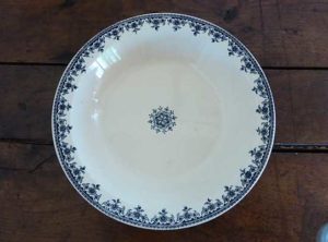 blue and white plate from above